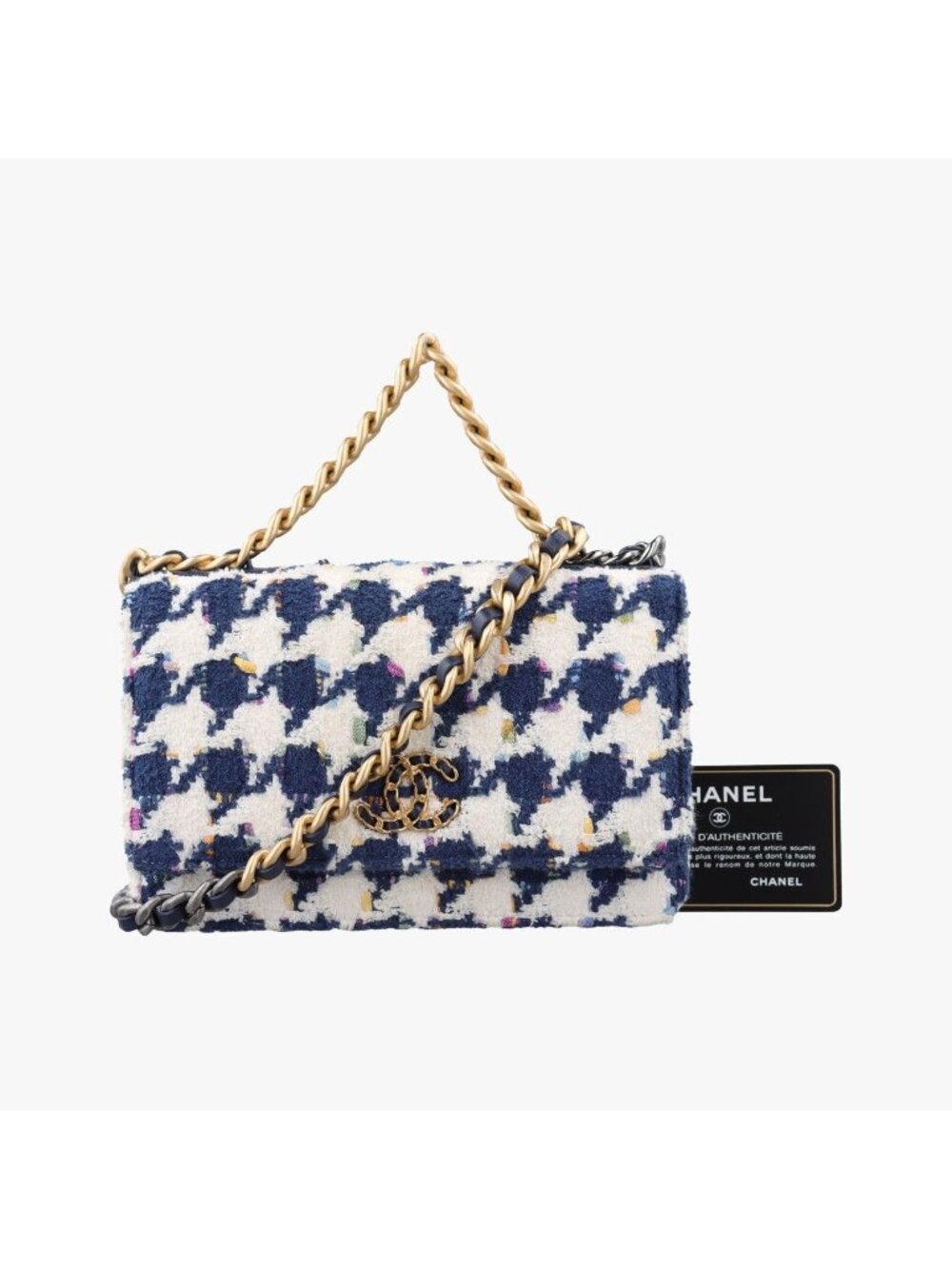 Chanel 19 Flap Bag Houndstooth White Navy Fabric